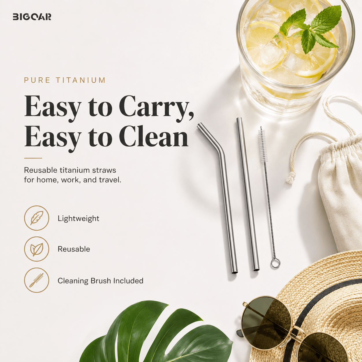 Reusable pure titanium straw set with cleaning brush, travel pouch, and iced lemon drink