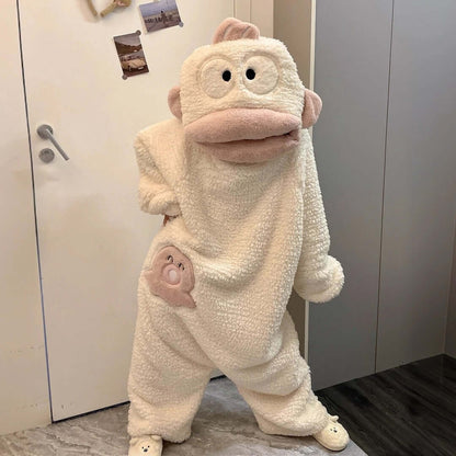 Fuzzy Big Mouth Monster One-Piece Pajamas for Women Winter Fleece-Lined Thickened Warmth Abstract Cute and Ugly Long Hair Oversized Homewear