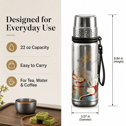 Pure titanium tea bottle with 22 oz capacity, carry strap, and size dimensions for everyday use