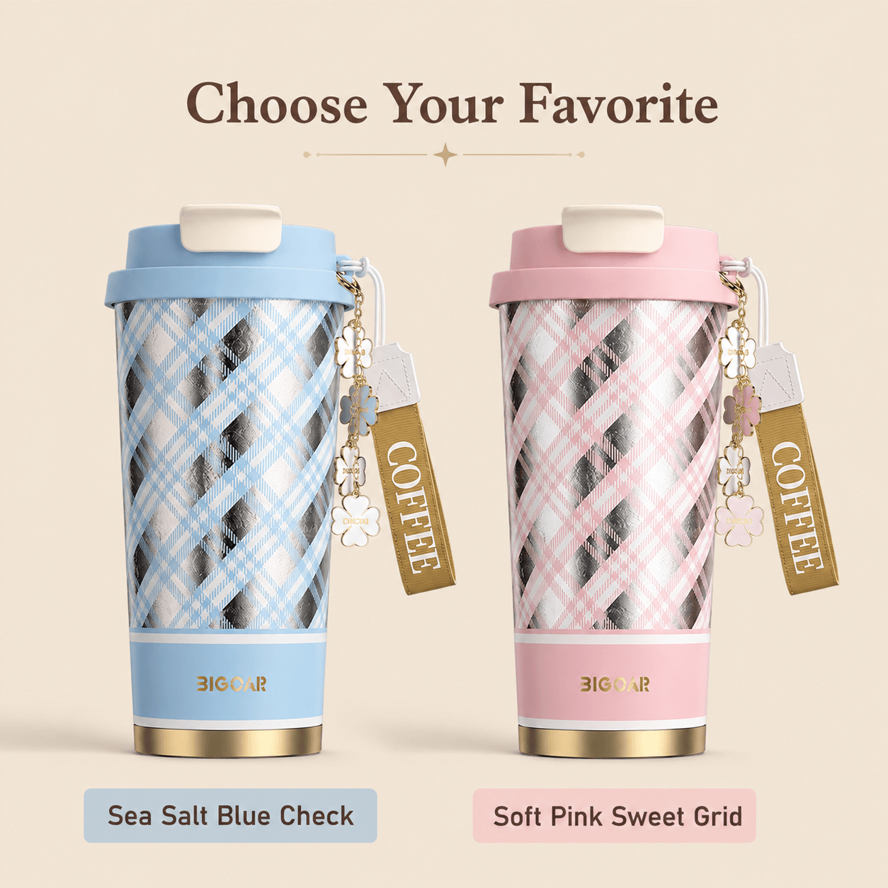 Soft pink plaid pure titanium coffee mug with gold-tone base and coffee charm