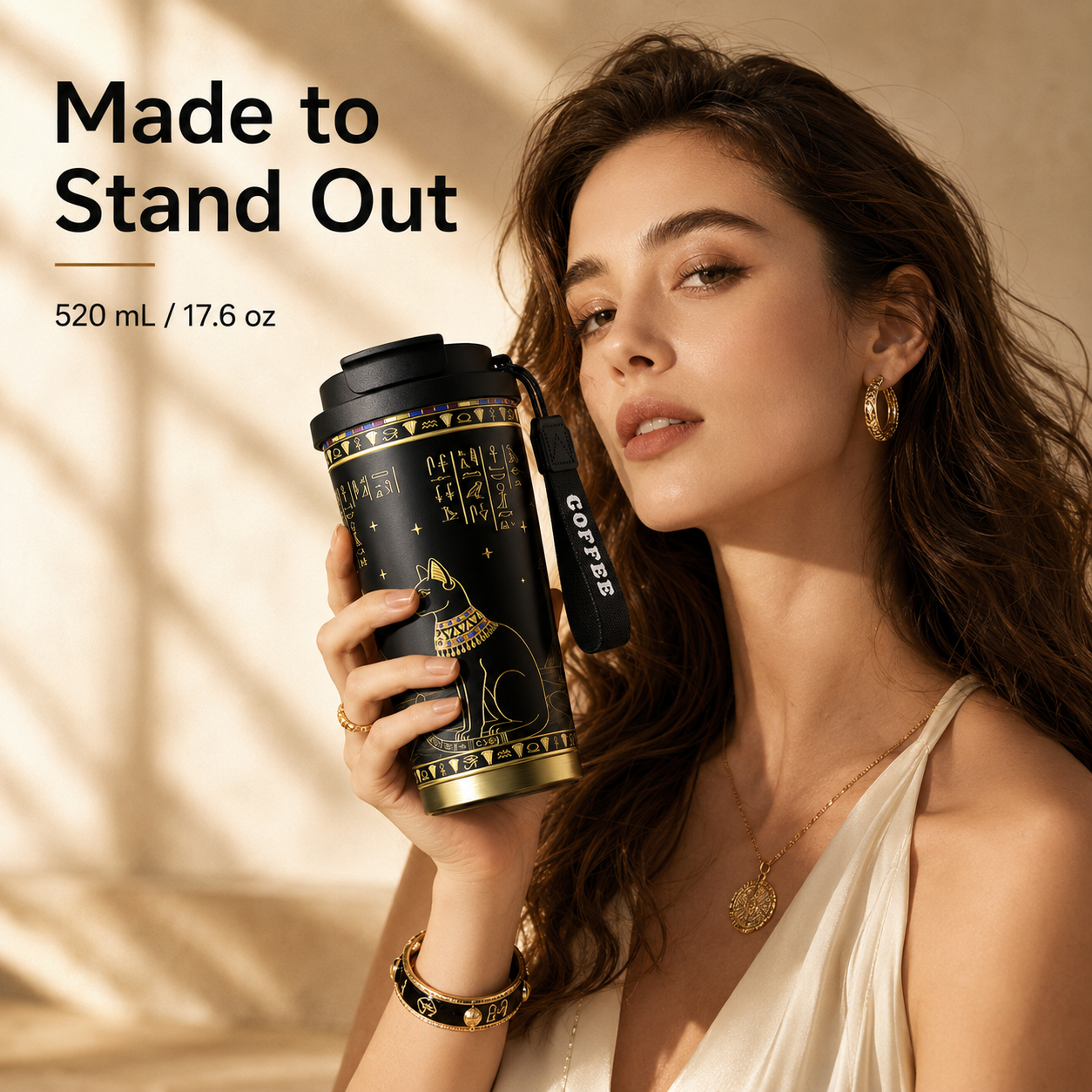 GearMoor Egyptian Cat Pure Titanium Tumbler | 17.6 oz Vacuum Insulated Travel Mug