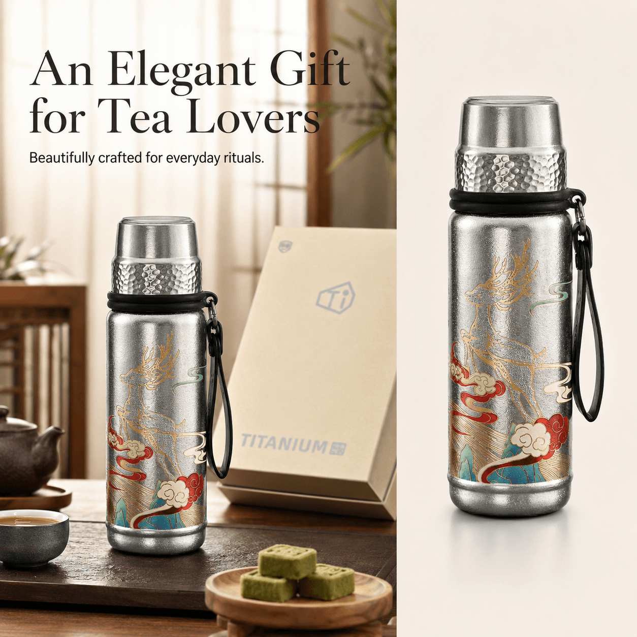 Pure titanium tea bottle gift set with premium box packaging for tea lovers