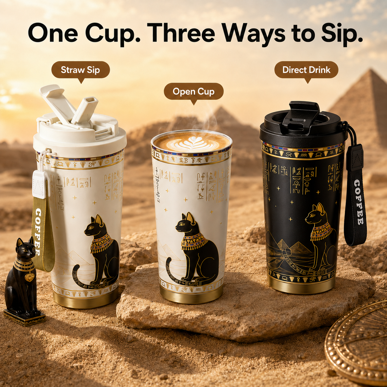 GearMoor Egyptian Cat Pure Titanium Tumbler | 17.6 oz Vacuum Insulated Travel Mug