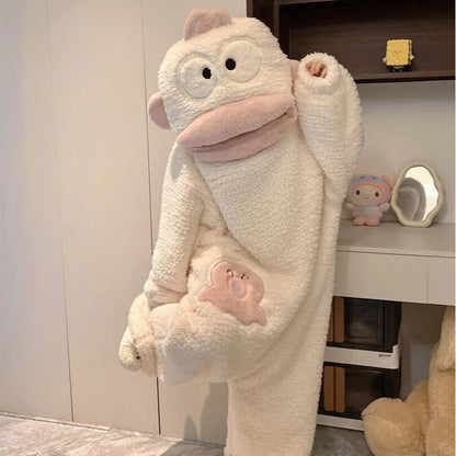 Fuzzy Big Mouth Monster One-Piece Pajamas for Women Winter Fleece-Lined Thickened Warmth Abstract Cute and Ugly Long Hair Oversized Homewear