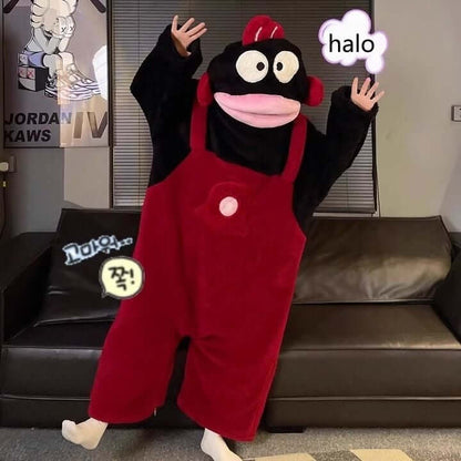 Fuzzy Big Mouth Monster One-Piece Pajamas for Women Winter Fleece-Lined Thickened Warmth Abstract Cute and Ugly Long Hair Oversized Homewear