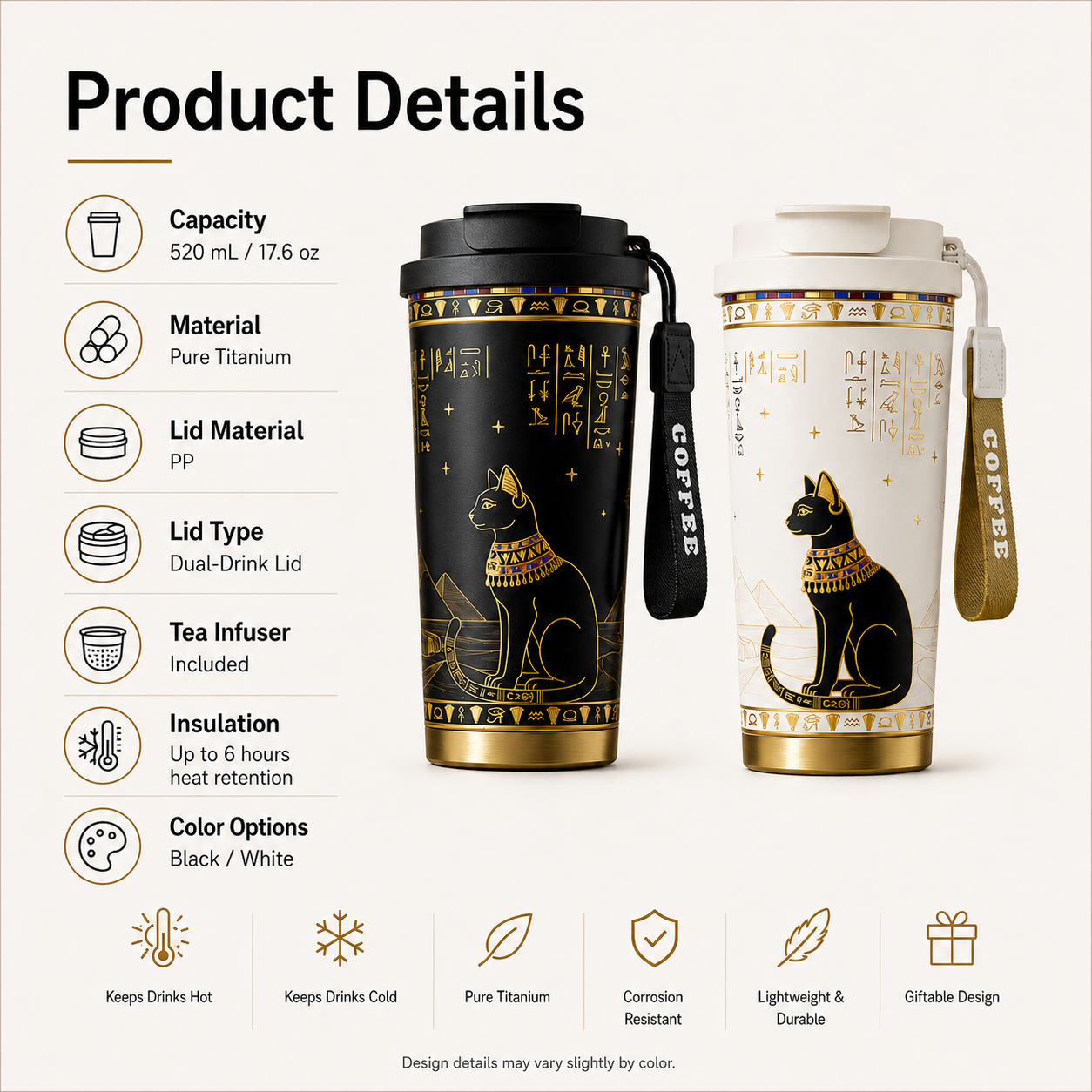 GearMoor Egyptian Cat Pure Titanium Tumbler | 17.6 oz Vacuum Insulated Travel Mug
