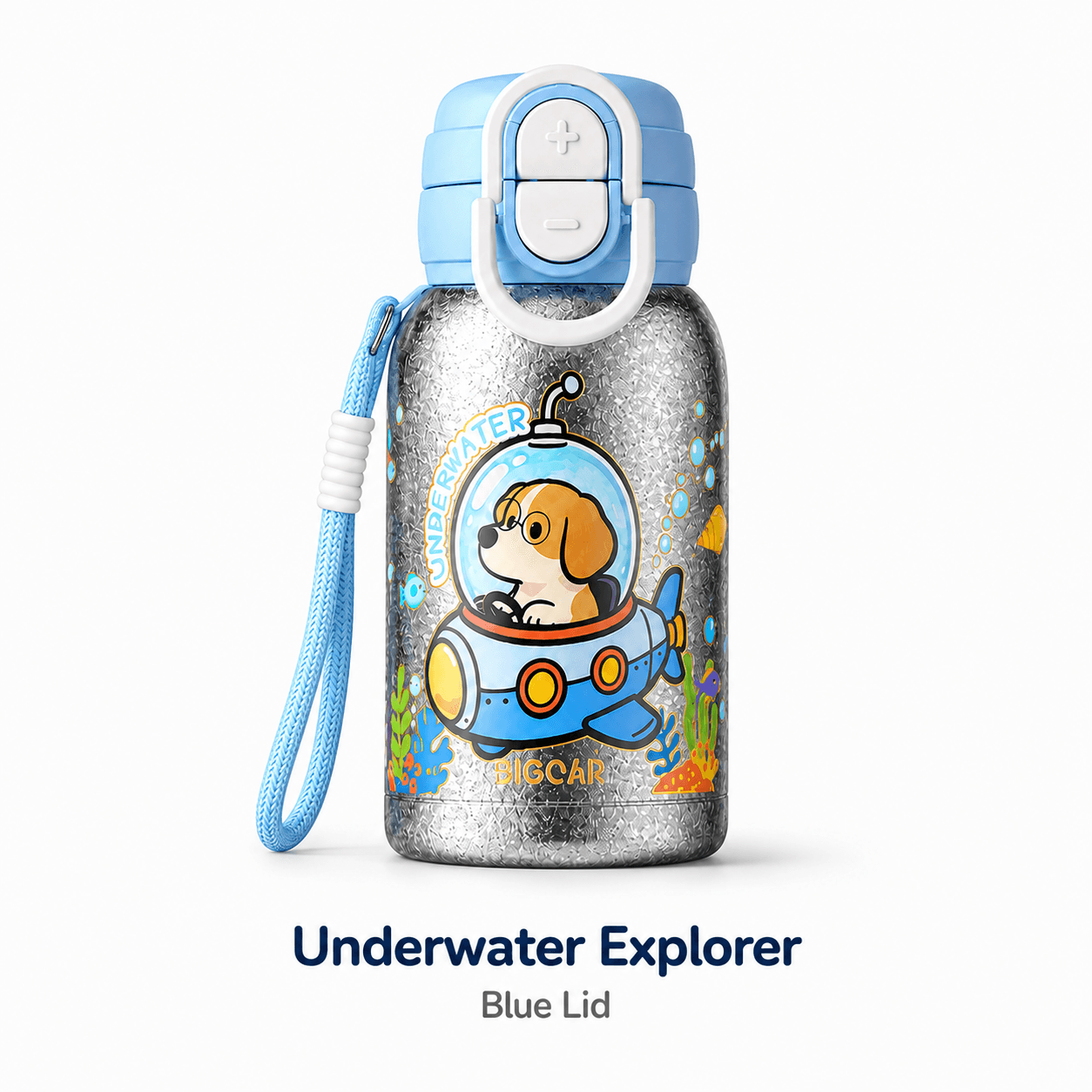 Underwater Explorer kids pure titanium insulated bottle with blue lid and carry strap
