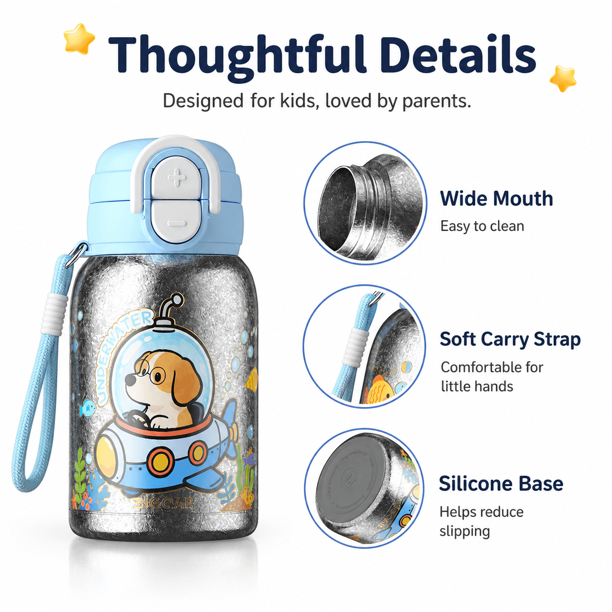 Kids titanium bottle with wide mouth, soft carry strap, silicone base, and easy-clean design