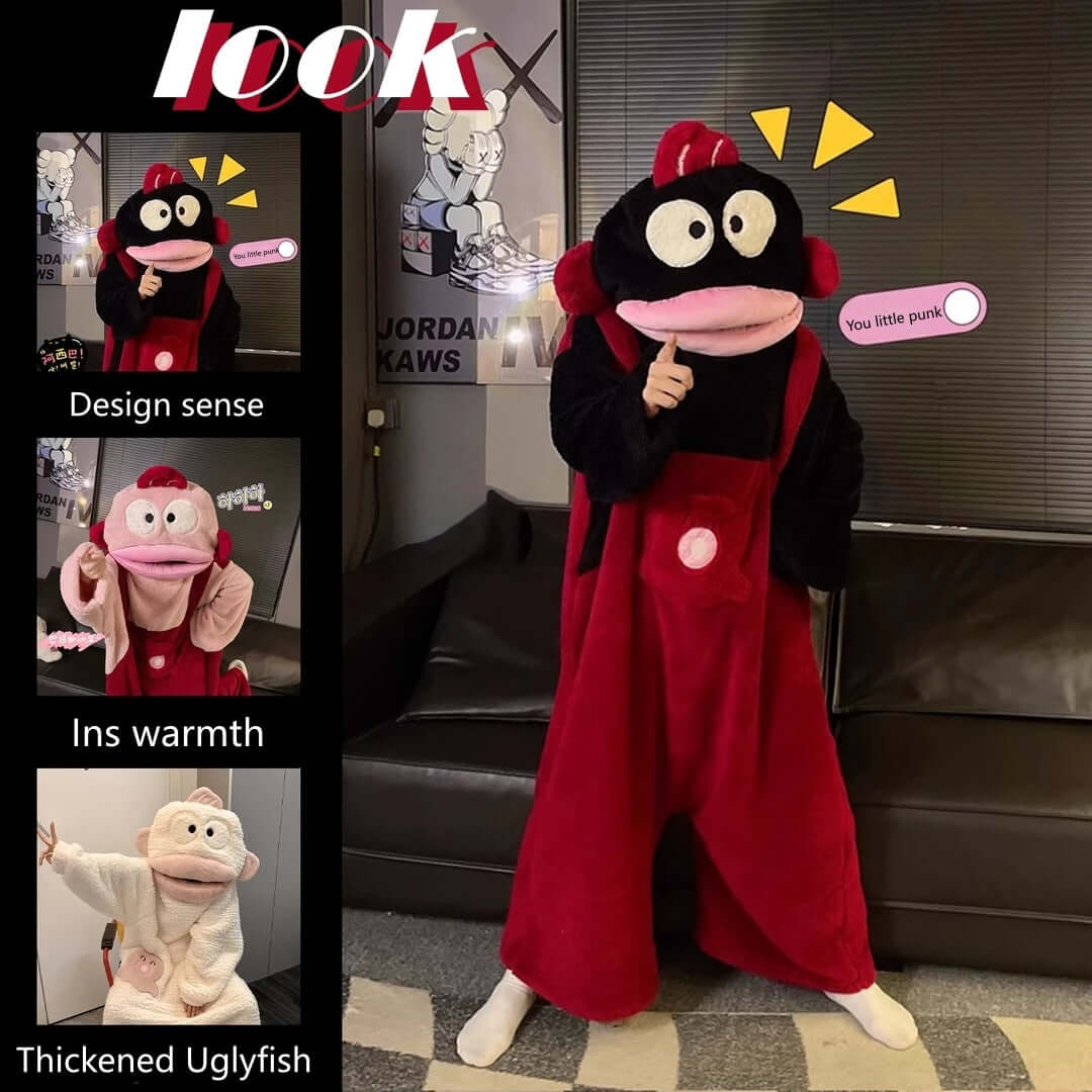 Fuzzy Big Mouth Monster One-Piece Pajamas for Women Winter Fleece-Lined Thickened Warmth Abstract Cute and Ugly Long Hair Oversized Homewear