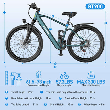 GT900 26"24" Electric Bike 748W(Peak) Motor, 36V 13AH Battery, Dual Suspension, Ideal for City and Trail Rides