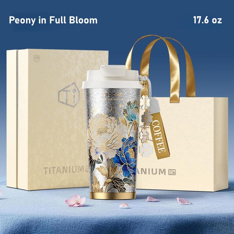 GearMoor Pure Titanium Coffee Cup | Peony in Full Bloom Limited Edition – 17.6 oz, Antibacterial, 0 Coating, Gift Box Included