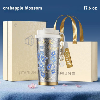 GearMoor Pure Titanium Coffee Cup | Peony in Full Bloom Limited Edition – 17.6 oz, Antibacterial, 0 Coating, Gift Box Included