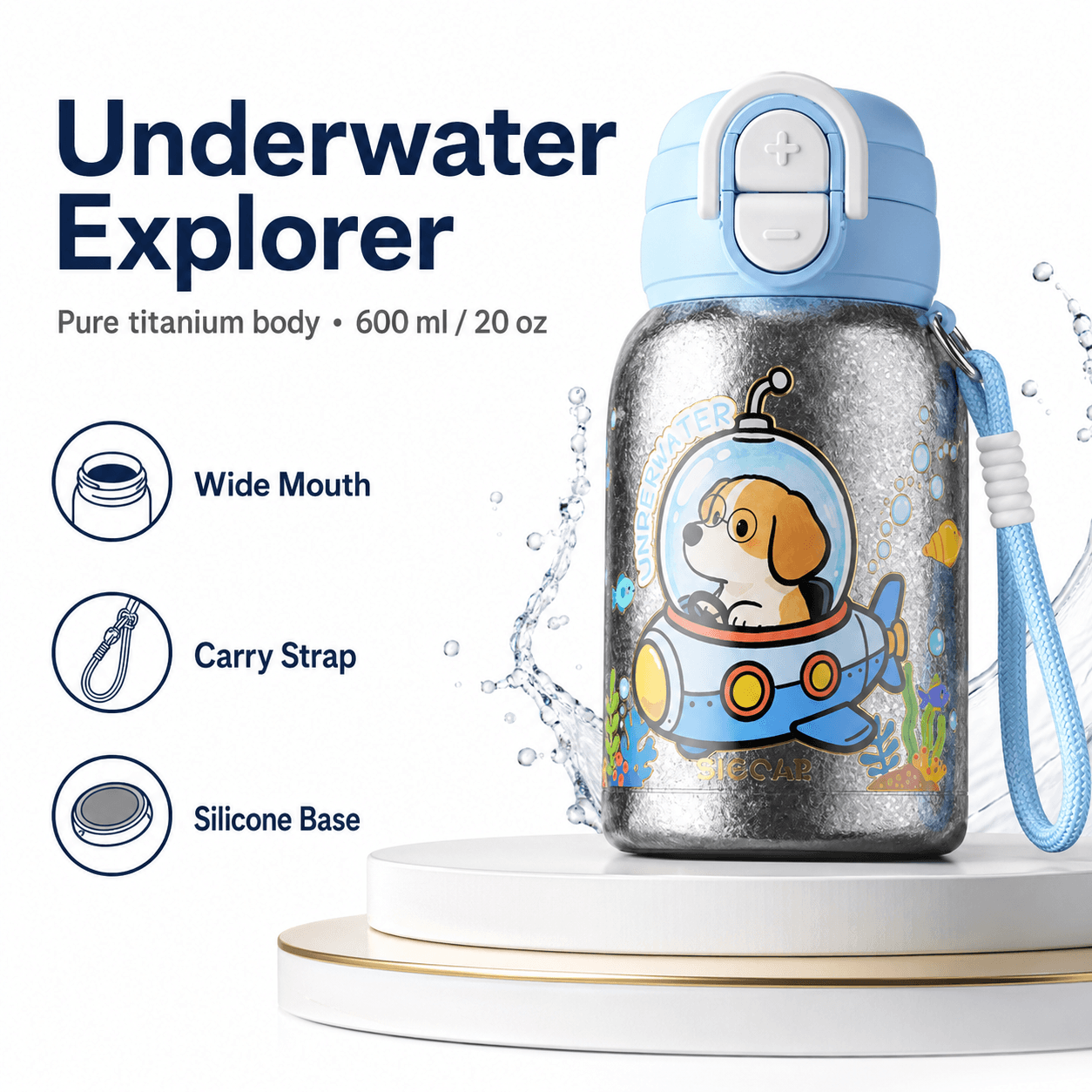 Blue Underwater Explorer kids titanium bottle with wide mouth, carry strap, and silicone base