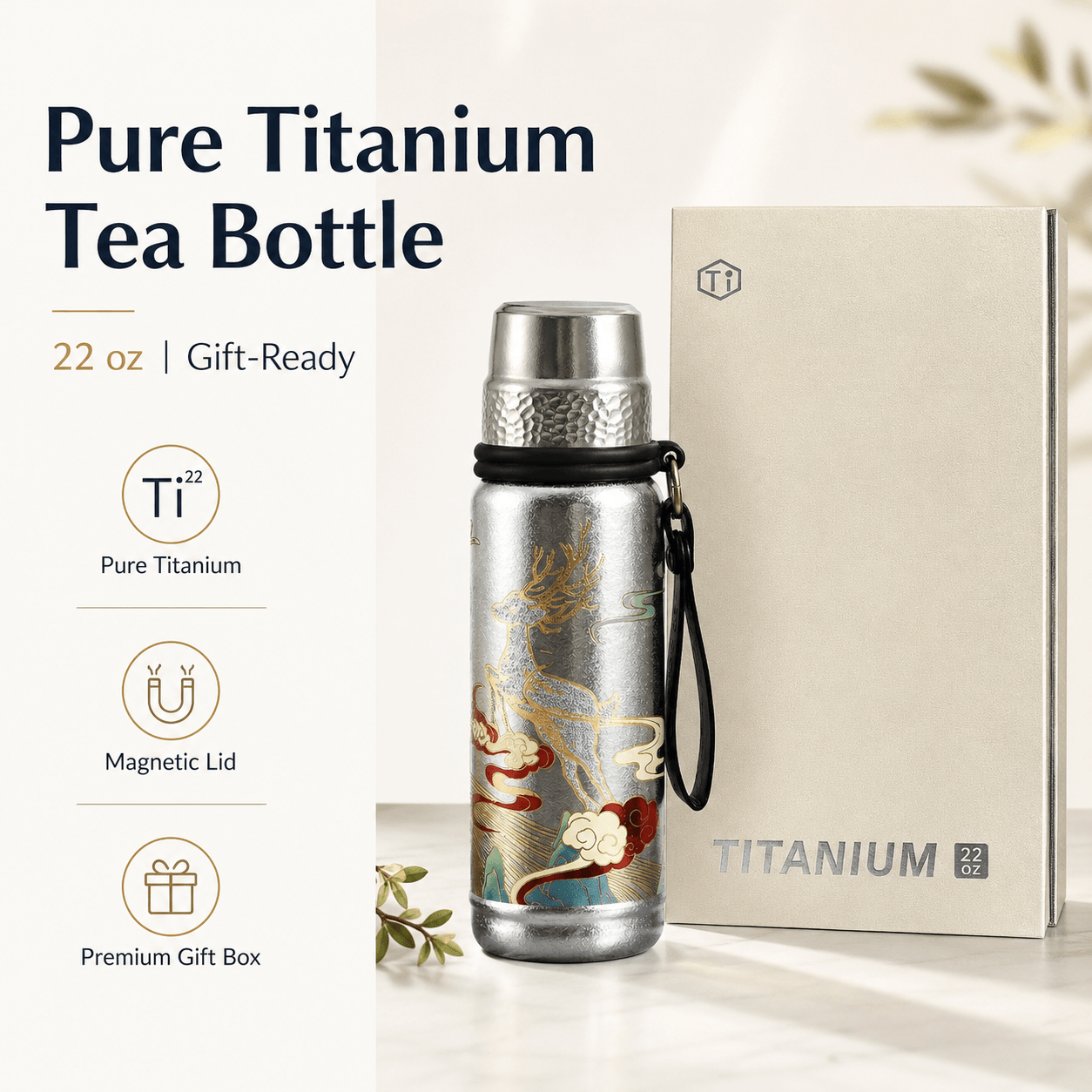 Pure titanium tea bottle with gift box, magnetic lid, and 22 oz capacity