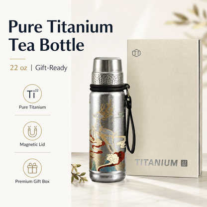 Pure titanium tea bottle with gift box, magnetic lid, and 22 oz capacity