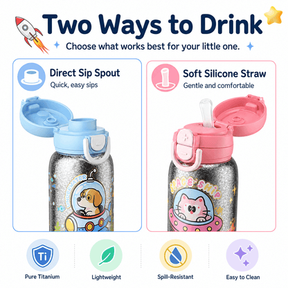 Kids titanium bottle with two drinking modes, direct sip spout and soft silicone straw