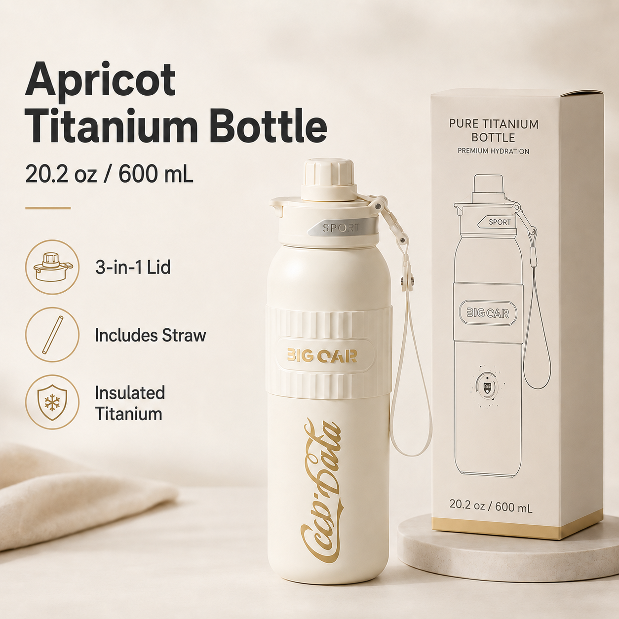 Apricot 20.2 oz pure titanium insulated bottle with 3-in-1 lid, straw, carrying strap, and gift box
