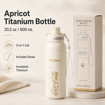 Apricot 20.2 oz pure titanium insulated bottle with 3-in-1 lid, straw, carrying strap, and gift box