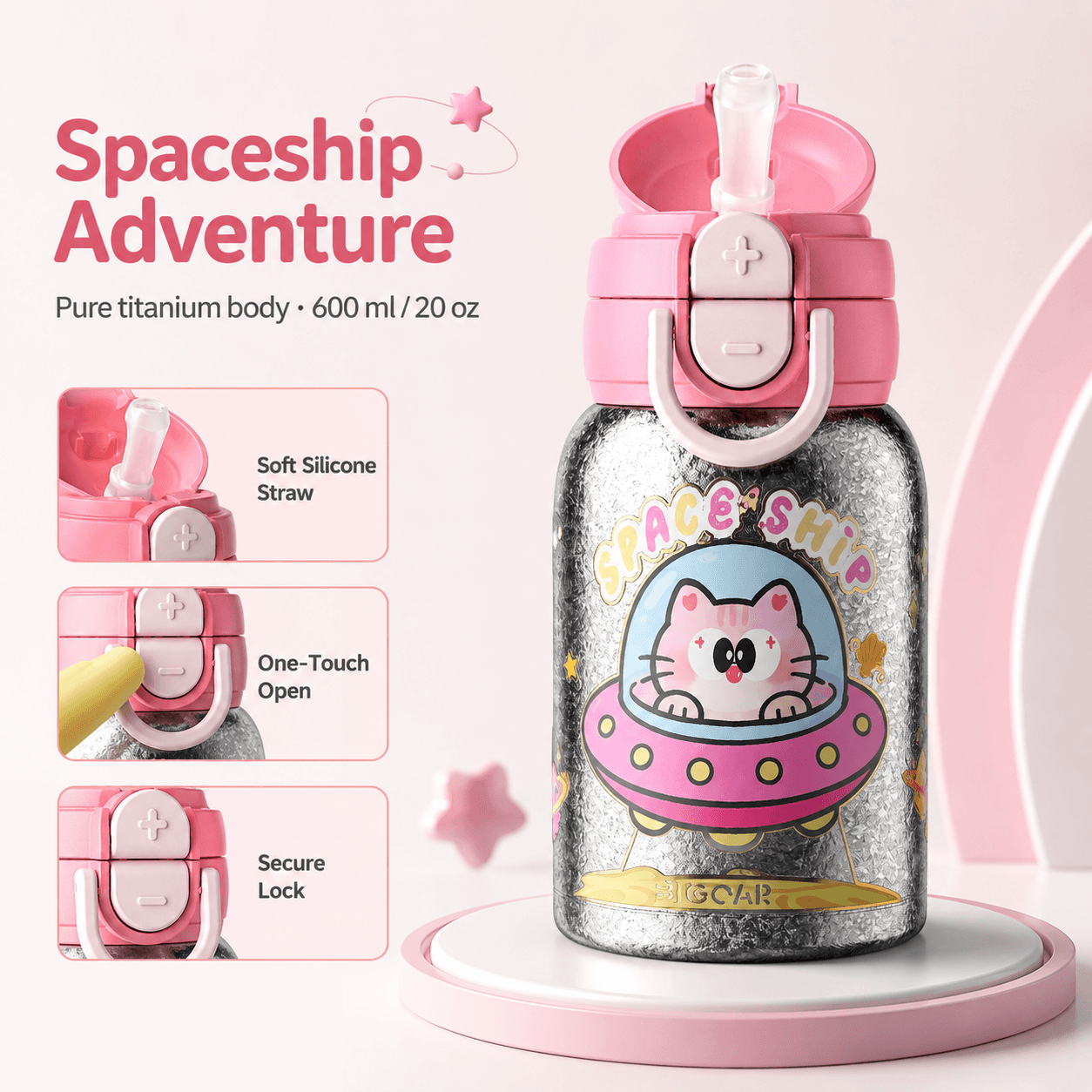 Pink Spaceship Adventure kids titanium bottle with soft silicone straw and secure flip lid