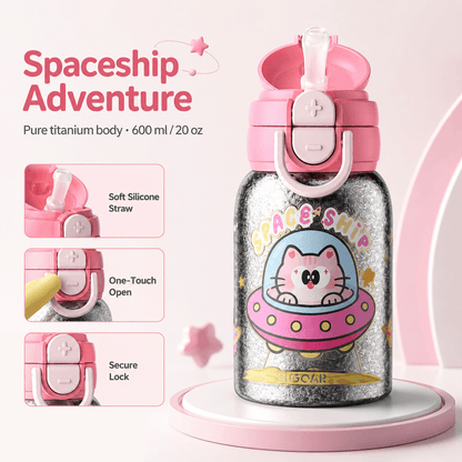 Pink Spaceship Adventure kids titanium bottle with soft silicone straw and secure flip lid