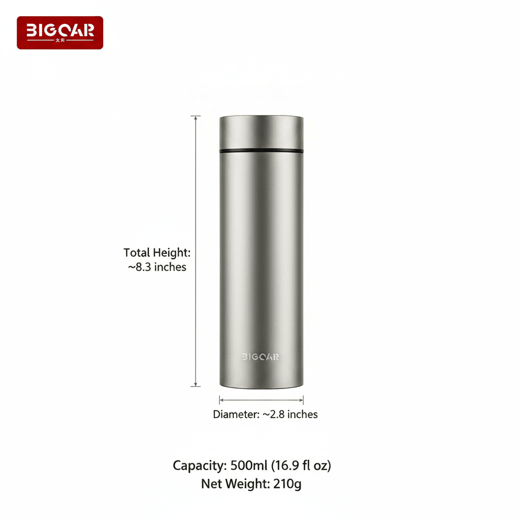 BigCar BC-6822 Titanium Cup Size Chart - Height 8.3in, Diameter 2.8in, 500ml 16.9 fl oz