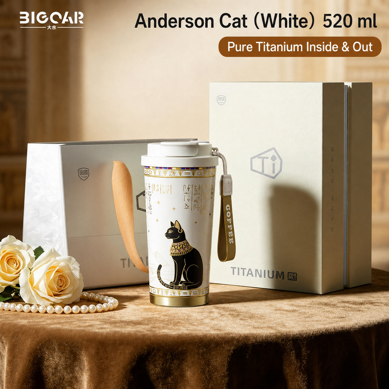 GearMoor Egyptian Cat Pure Titanium Tumbler | 17.6 oz Vacuum Insulated Travel Mug